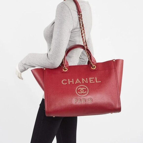 Chanel Red Caviar Leather Studded Deauville Tote Bag - Picture 1 of 12
